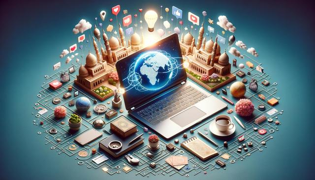 A laptop surrounded by miniature buildings, digital icons, and various objects on an intricate circuit board.