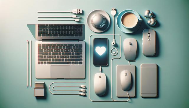 A neatly arranged collection of electronics and stationery, including a laptop, phone, coffee cup, earphones, and cables on a teal background.