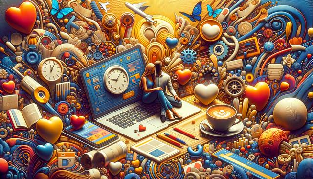 A colorful digital collage featuring a couple sitting on a laptop amidst clocks, hearts, gears, butterflies, and coffee.