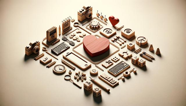 Wooden office supplies and technology icons arranged around a central red heart shape.