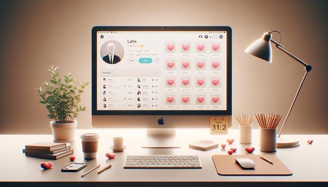 A computer on a desk displays a profile and heart icons, surrounded by plants, books, coffee, and pencils.
