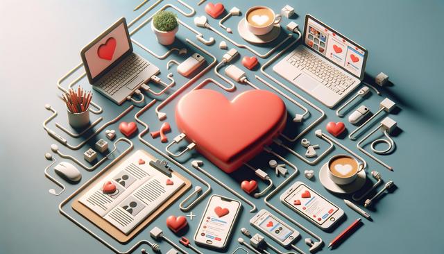 A heart-themed digital workspace with laptops, smartphones, and accessories connected by wires.