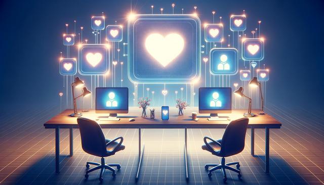Futuristic workspace with glowing heart and person icons, two desks, lamps, and chairs.