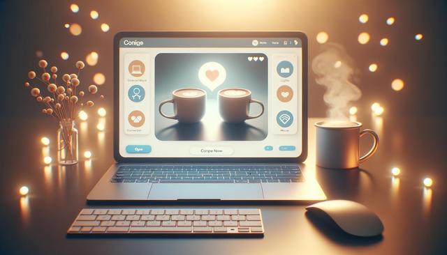 A laptop displaying a screen with two coffee cups and heart icons; nearby is a steaming mug and keyboard, with warm lighting.