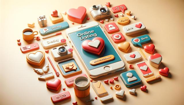 スマホが中央にあり、その周囲にハート形のアイコンやカフェラテ、カメラ、ギフトなどの3Dアイテムが飾られています。