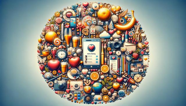 A circular collage of colorful objects including fruits, hearts, cameras, clocks, and electronic devices.
