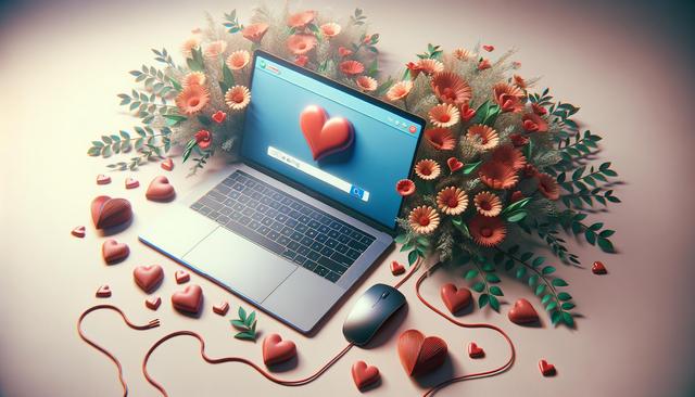 A laptop with a search page showing a heart; surrounded by flowers, leaves, and red heart shapes.