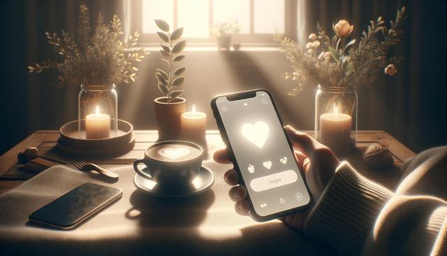 A cozy scene with a hand holding a phone showing a heart on the screen, a cup with a heart pattern, candles, and plants on a wooden table.