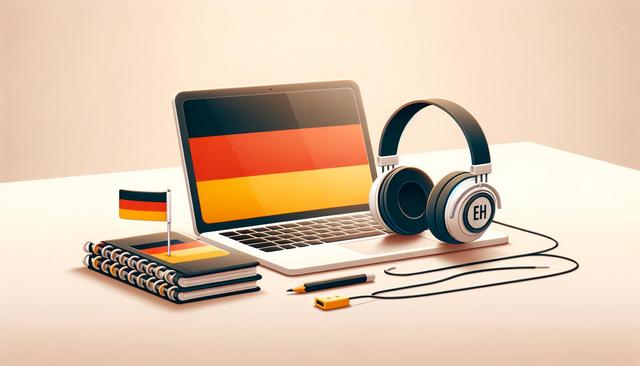 Laptop with German flag on screen, notebooks, flag, headphones, pencil, and USB drive on a desk.