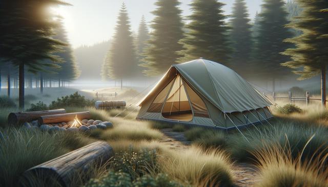 A tent in a misty forest clearing at sunrise, with a small campfire nearby.
