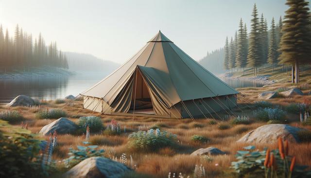 A large canvas tent is set up in a grassy, rocky area near a tranquil lake, surrounded by pine trees.