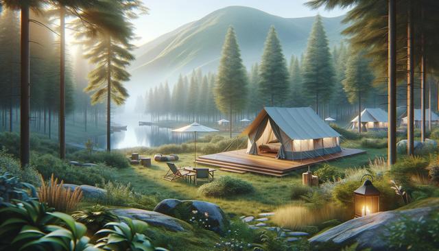 A serene campsite by a lake in a forest, with cozy tents, soft morning light, and misty mountains in the background.