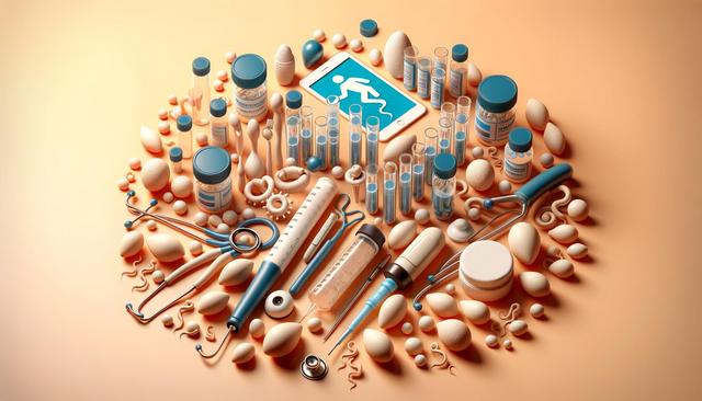 A collection of medical and laboratory equipment, including syringes, test tubes, and containers, arranged around a tablet with a medical icon.