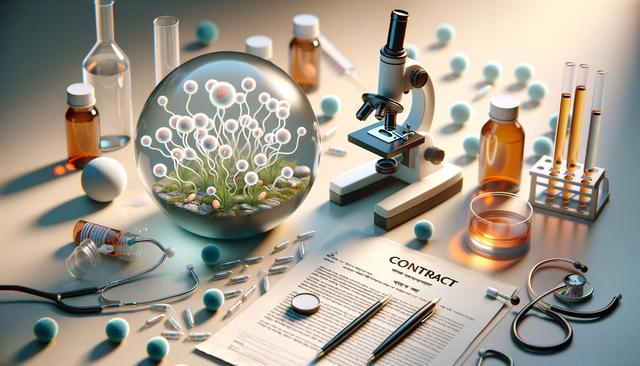 A futuristic lab scene with a microscope, test tubes, stethoscope, bottles, pills, and a glass sphere containing abstract organic structures.
