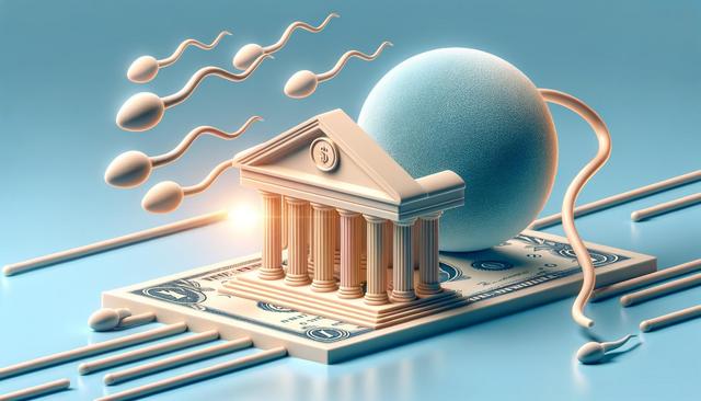 A stylized sperm bank concept with sperm, a bank building, and money.