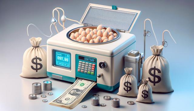 A machine with eggs turns them into money and coins, surrounded by bags with dollar signs.