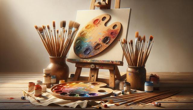 An artist's workspace with paintbrushes, palettes, and paint jars on a wooden table.