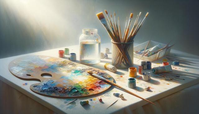 A sunlit artist's table with brushes, a paint palette, jars of paint, and a water glass.