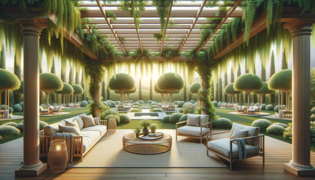 Elegant outdoor lounge with wooden pergola, lush green gardens, and cozy seating.