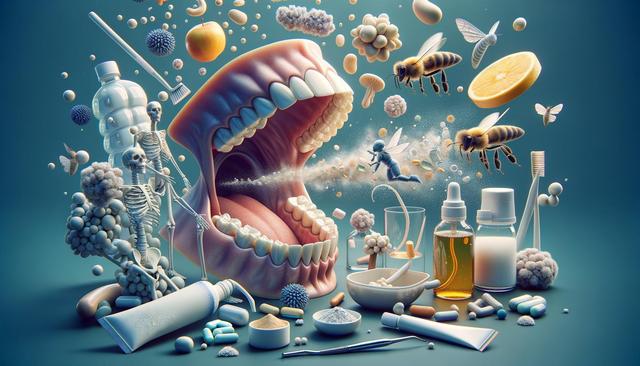 A surreal composition features an open mouth, bees, toothbrushes, skeletons, pills, and various dental objects floating in a turquoise space.
