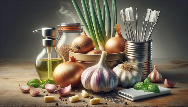 A wooden table with onions, garlic, spring onions, olive oil, spices, a tin of toothbrushes, and a steaming jar.