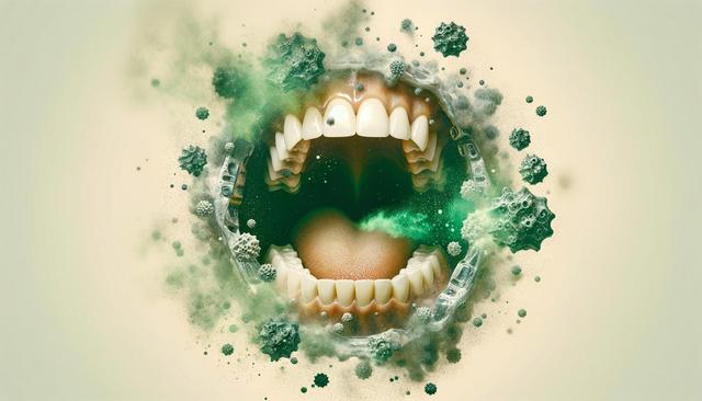 A digital illustration shows an open mouth surrounded by green and white molecules, representing bacteria or germs.
