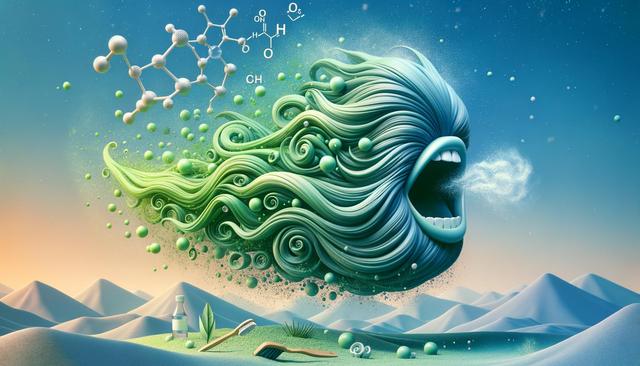 Surreal image of a green-haired face blowing air among chemical formulas and floating orbs, with a toothbrush and leaf on sand dunes.