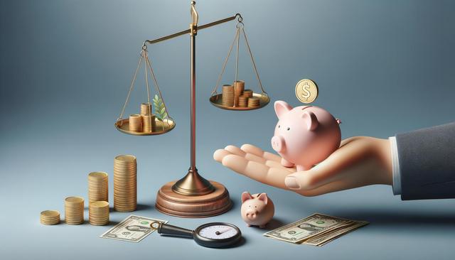 A hand holds a piggy bank under a balanced scale with coins; money, magnifying glass, and another piggy bank are nearby.