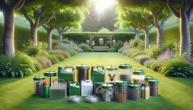 A landscaped garden with neat rows of trees and floral borders, featuring various green containers and wire traps on the grass in the foreground.