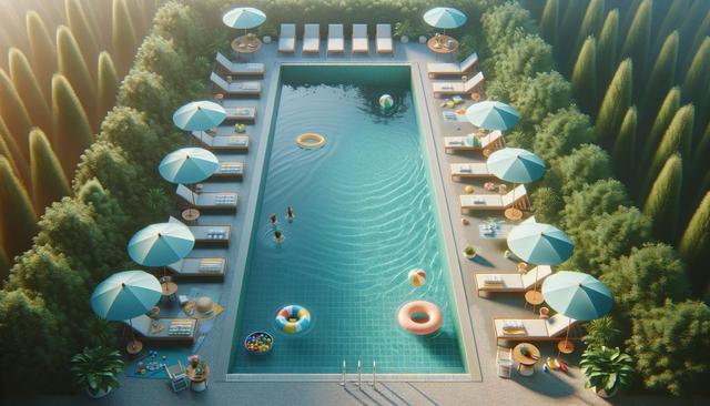 Aerial view of a swimming pool surrounded by sun loungers with umbrellas, trees, and inflatables in the water.