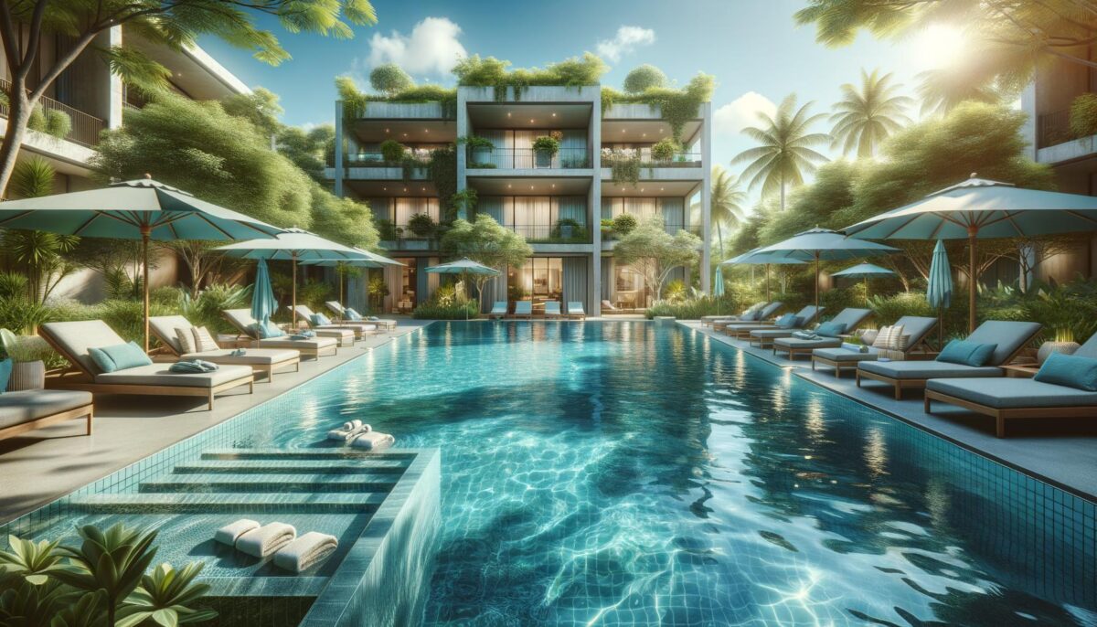 Luxurious pool area with sun loungers, umbrellas, and lush greenery surrounding modern apartments.