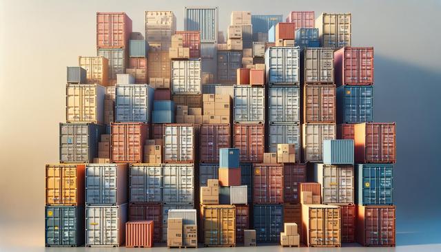 Stacks of colorful shipping containers and cardboard boxes arranged in a neat, towering pile.