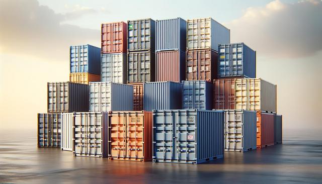 A stack of colorful shipping containers on a wet surface, with a cloudy sky in the background.