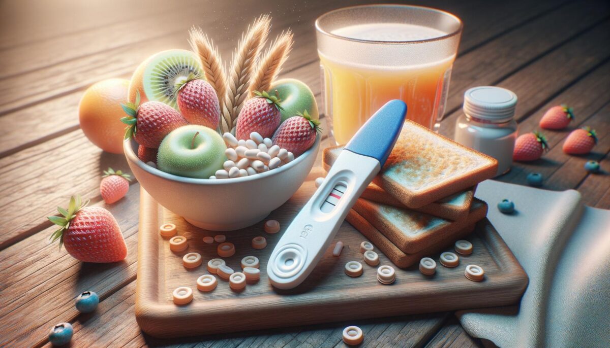 A bowl of fruit with cereal, a pregnancy test, toast, and orange juice on a wooden table.