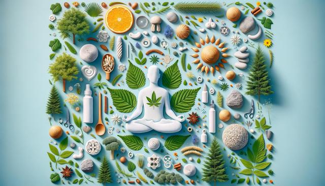 A white yoga figure sitting cross-legged, surrounded by natural elements like leaves, trees, fruits, rocks, and wooden objects on a light blue background.