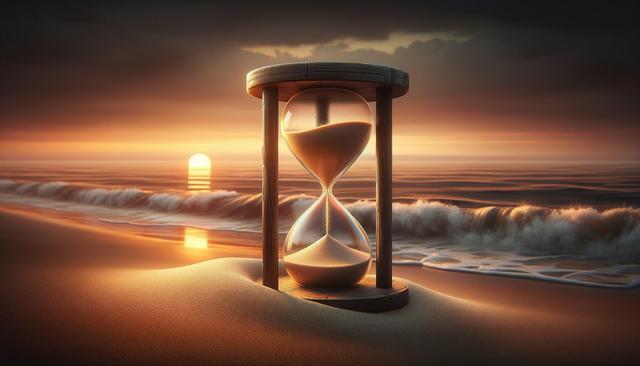Hourglass on sandy beach with ocean waves and sunset in the background.