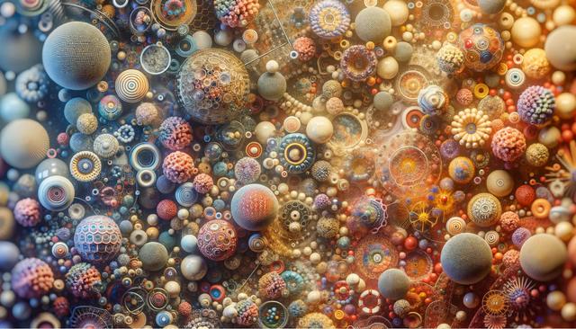 A vibrant array of intricate, colorful spheres and patterns, resembling a microscopic world.