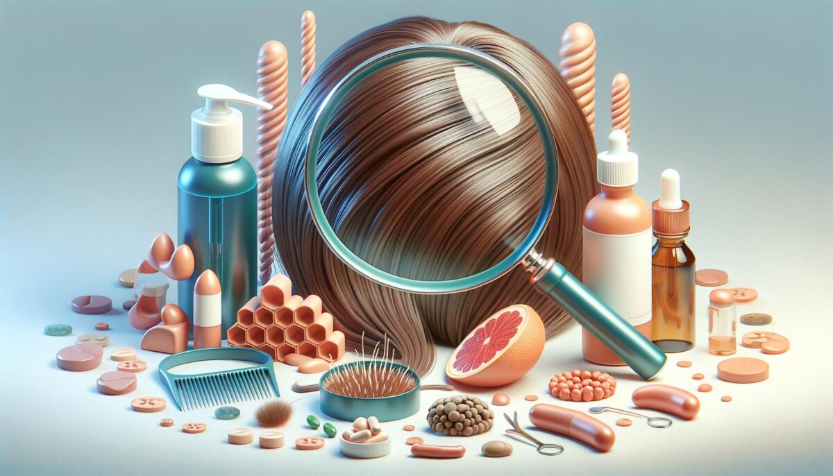 Magnifying glass over hair surrounded by hair care products, pills, and a grapefruit half.