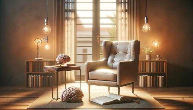 Cozy room with an armchair, books, and two brain models on tables lit by warm lights.