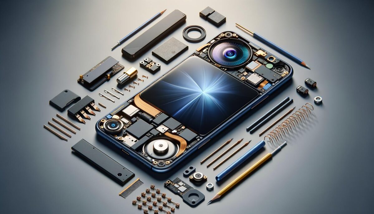 Smartphone disassembled with components like circuits, camera, and screws laid out neatly around it.