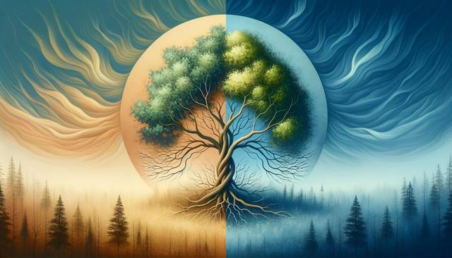 A tree divides two contrasting landscapes with swirling orange and blue skies.