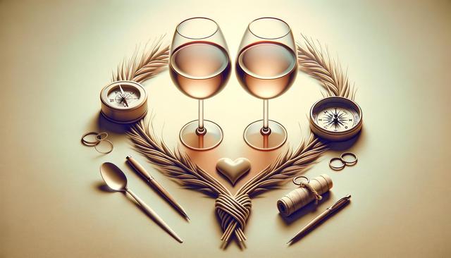 Two wine glasses surrounded by compasses, rings, pens, a spoon, and wheat, forming a symmetrical heart shape.