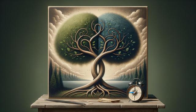 A surreal painting of entwined trees in front of a lake, with an alarm clock and compass on a table.