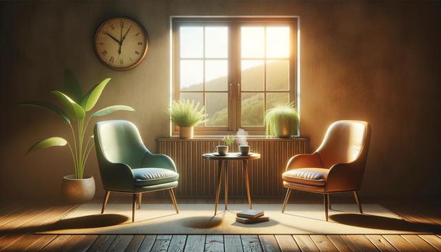 Cozy room with two chairs, a round table with cups, sunlight streaming through a window, plants, and a wall clock.