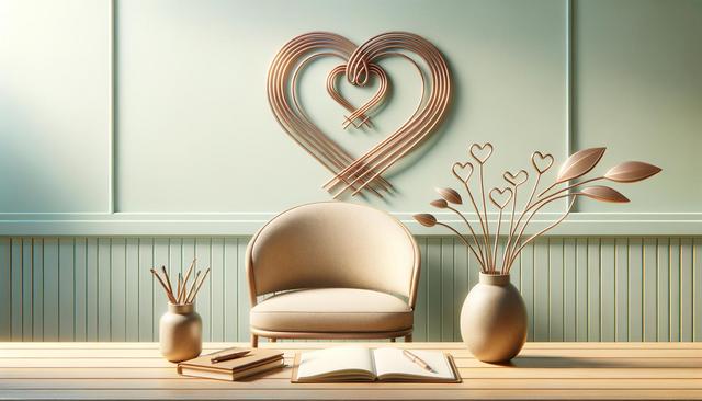 A cozy chair, wall art of interlocking hearts, and a table with an open book and vases with heart-shaped stems.