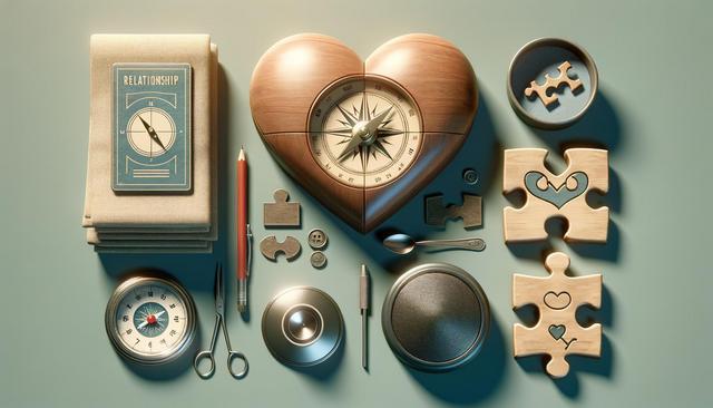 Assorted items including a heart-shaped compass, puzzle pieces, books, a pencil, scissors, spoon, and a speaker on a soft, neutral background.