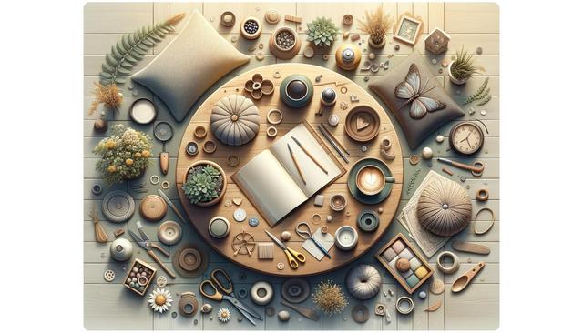 A round table with open notebook, coffee, pens, plants, and craft items, surrounded by pillows and various trinkets on a wooden floor.