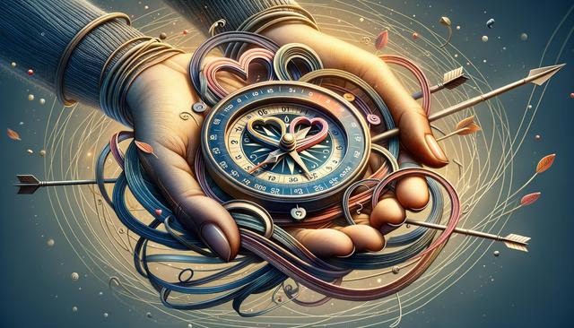 Hands holding a compass with flowing ribbons and arrows, surrounded by swirling patterns and leaves.