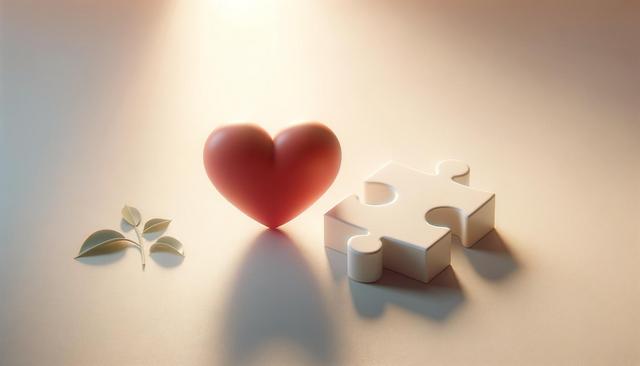 Heart, puzzle piece, and leaves on soft-lit surface.