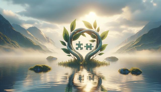 Two intertwined plants holding puzzle pieces above a serene lake, surrounded by misty mountains and soft sunlight.
